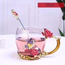 1pc Rose Enamel Crystal Tea Cup; Coffee Mug; Tumbler Butterfly Rose Painted Flower Water Cups; Clear Glass With Spoon Set (Color: Red)