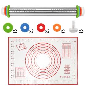 Dough Rolling Pin Dough Roller Stainless Steel Rolling Pins with 4 Removable Adjustable Thickness Rings and Rolling Mat (Color: Red)