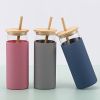 1pc 16oz Bamboo Lid And Straw Silicon Rubber Case Borosilicate Colored Water Bottles Glass