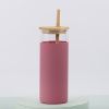 1pc 16oz Bamboo Lid And Straw Silicon Rubber Case Borosilicate Colored Water Bottles Glass